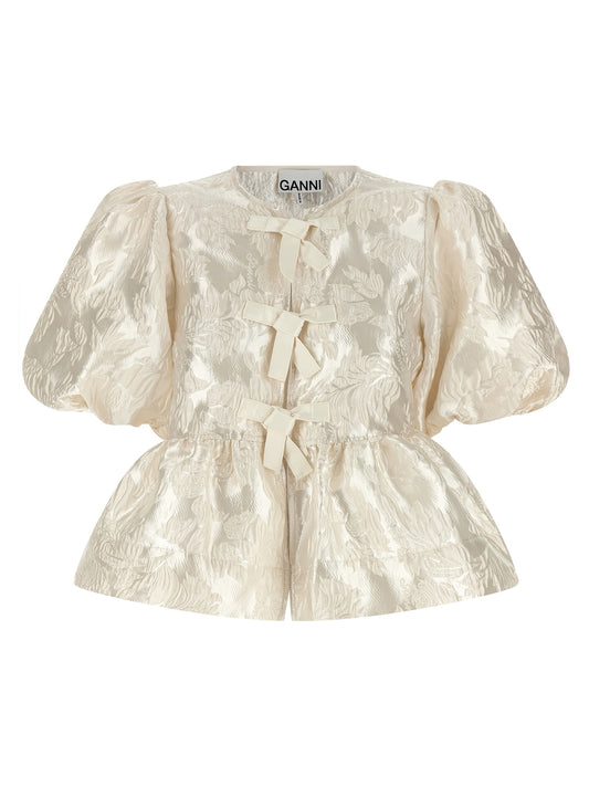 Blouse by Ganni for women in polyamide polyester satin white & jacquard showcases a sublime silhouette, artfully detailed with a sublime crew neckline and short-sleeve for a sophisticated, sublime finish.