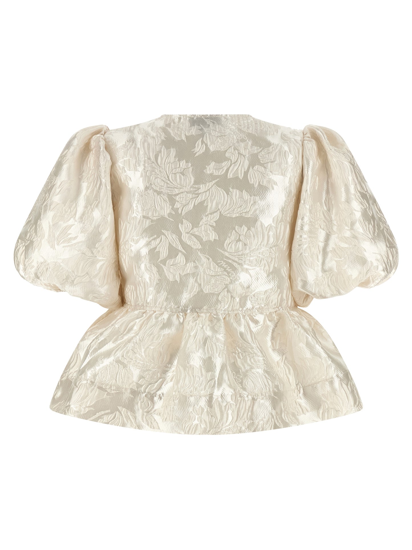 Blouse by Ganni for women in polyamide polyester satin white & jacquard showcases a sleek silhouette, elegantly detailed with a sleek crew neckline and for a sleek finish.