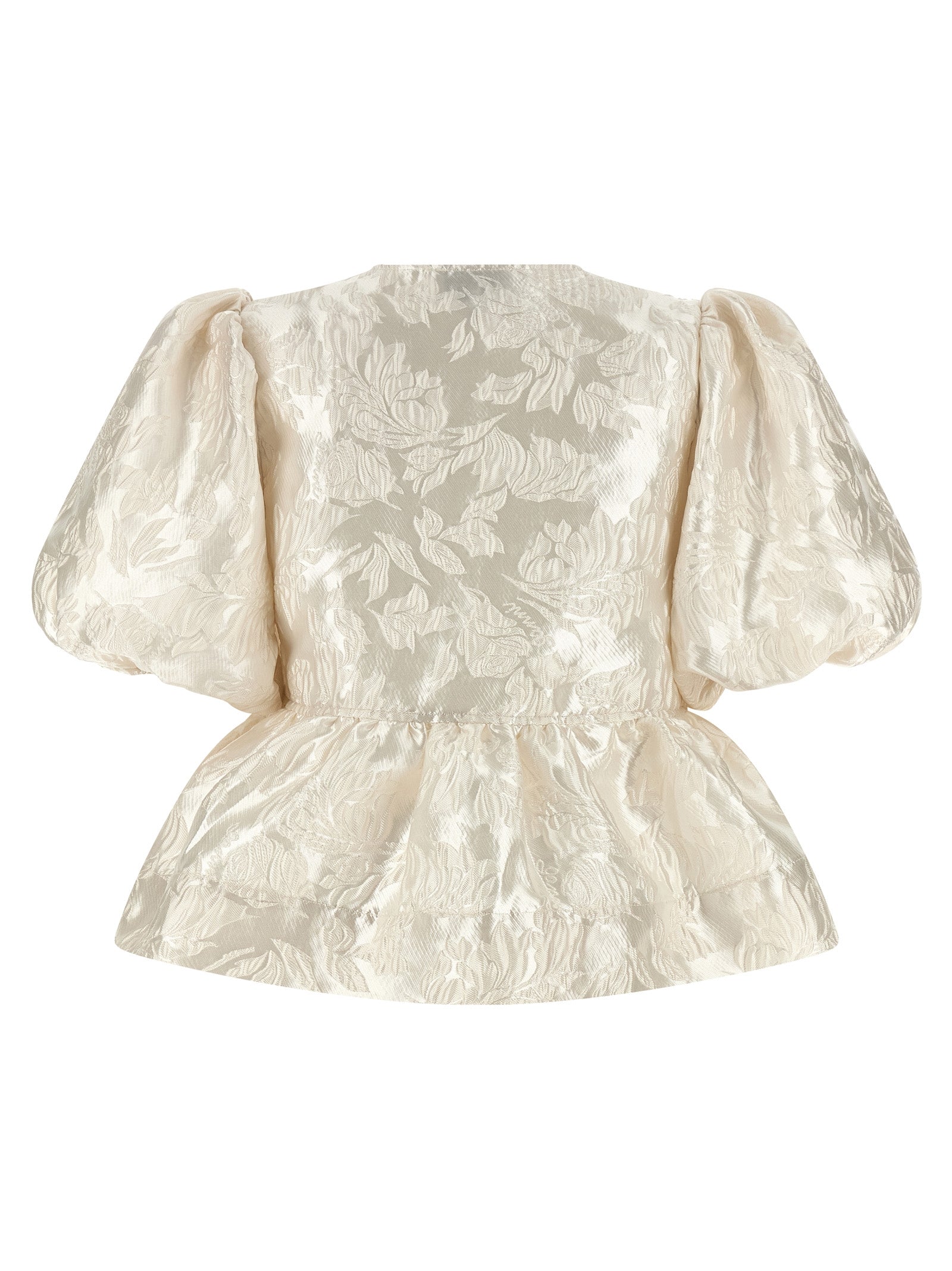 Blouse by Ganni for women in polyamide polyester satin white & jacquard showcases a sleek silhouette, elegantly detailed with a sleek crew neckline and for a sleek finish.