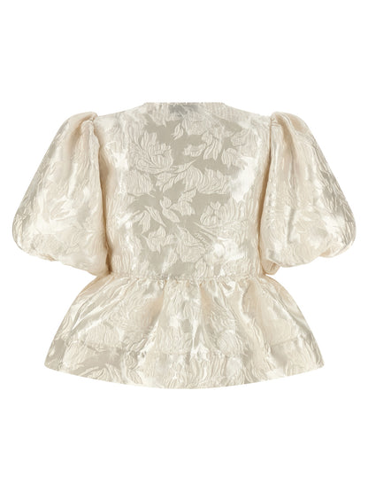 Blouse by Ganni for women in polyamide polyester satin white & jacquard showcases a sleek silhouette, elegantly detailed with a sleek crew neckline and for a sleek finish.