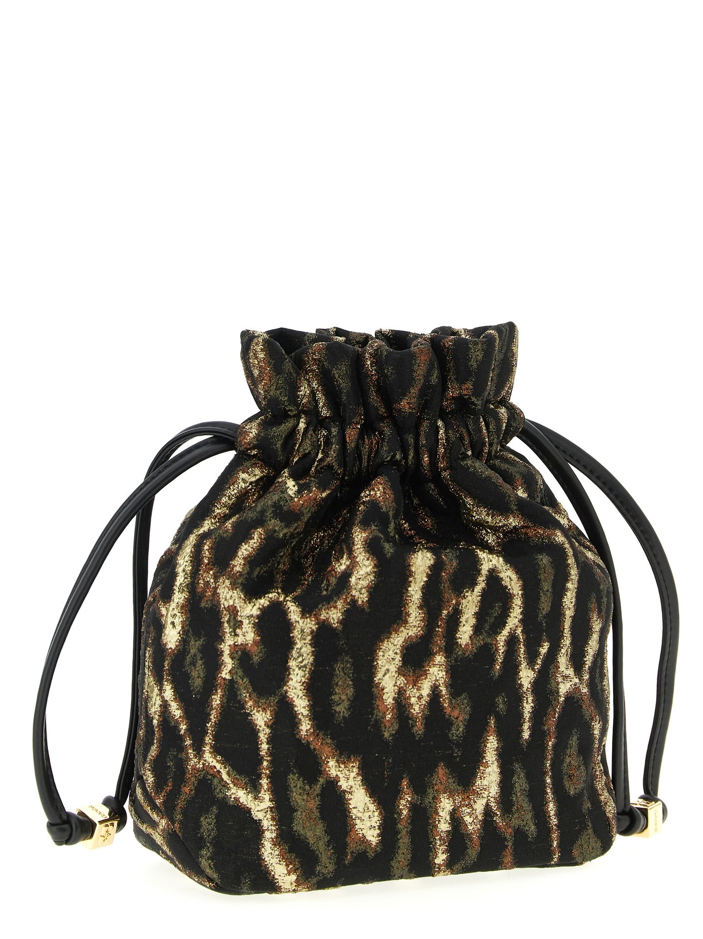 Crossbody Bucket Clutch Handbag by Ganni for women in nylon polyamide & polyurethane animal, brown, signature-print, jacquard & print features a statuesque silhouette, showcasing a secure drawstring and organized with versatile for statuesque evening wear.