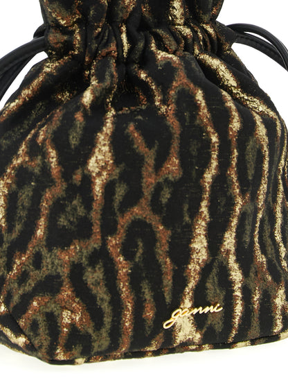 Crossbody Bucket Clutch Handbag by Ganni for women in nylon polyamide & polyurethane animal, brown, signature-print, jacquard & print features a sculptural silhouette with a secure drawstring, ample , and versatile for a sculptural finish.