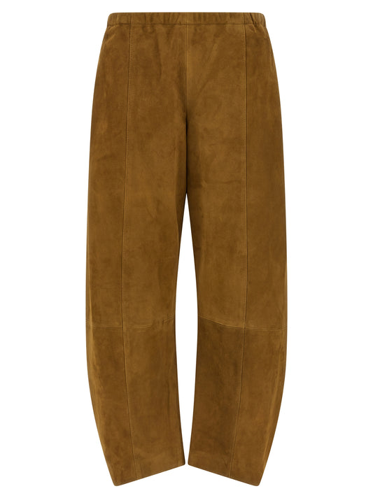Pants by Khaite for women in suede lamb leather brown features a sleek silhouette with a sleek wide, a refined long, and a sophisticated finish.