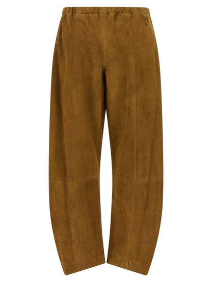 Pants by Khaite for women in suede lamb leather brown showcases a unrivaled comfort silhouette, featuring a wide cut and long with a for a unrivaled comfort and refined aesthetic.