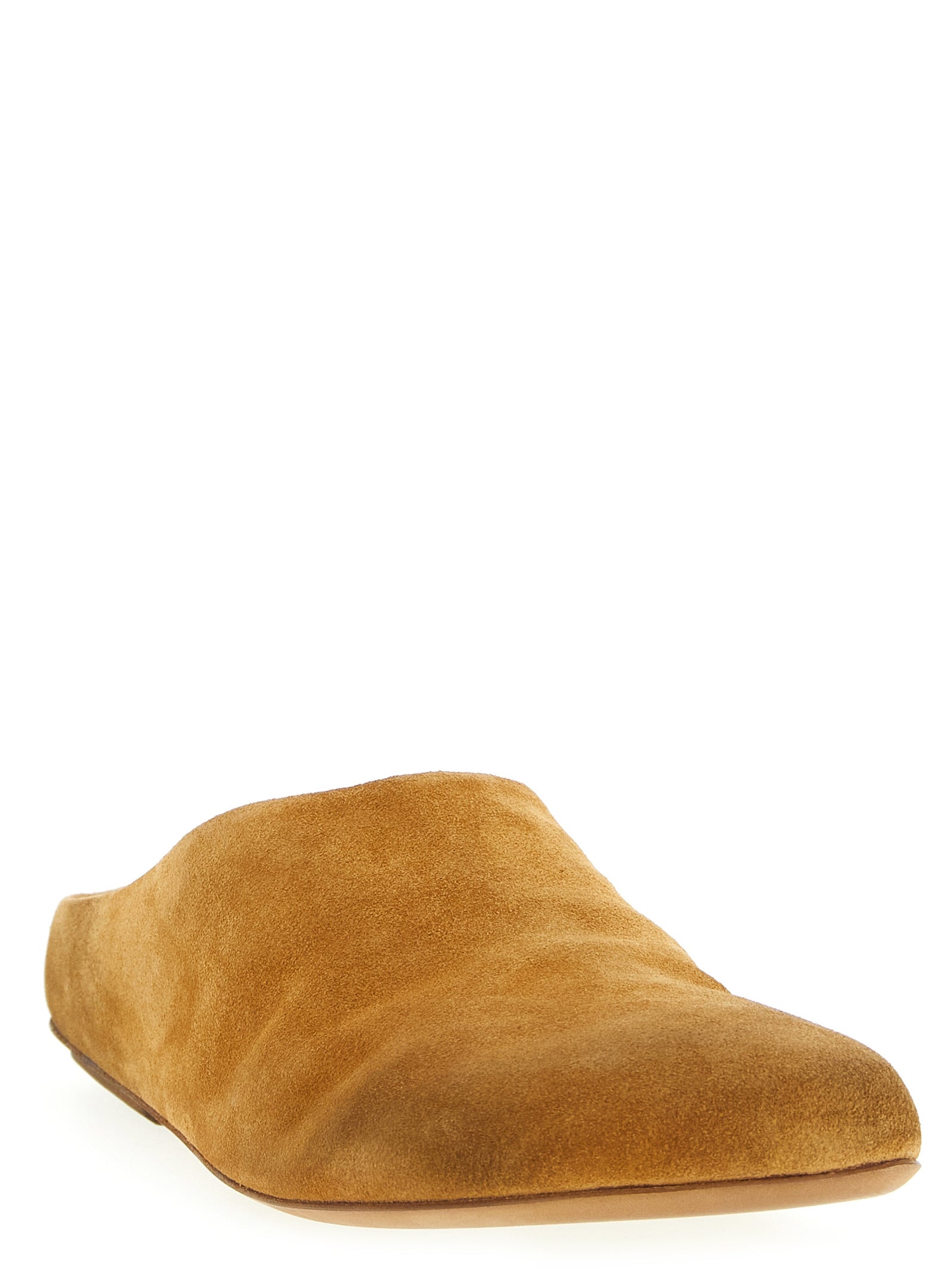 Clogs Flat Shoes by Marsell for men in suede calfskin leather brown presents a effortless chic silhouette, showcasing the Men's Suede Calfskin Leather Clogs Flat Shoes design with a effortless chic and square toe style for a sophisticated look.
