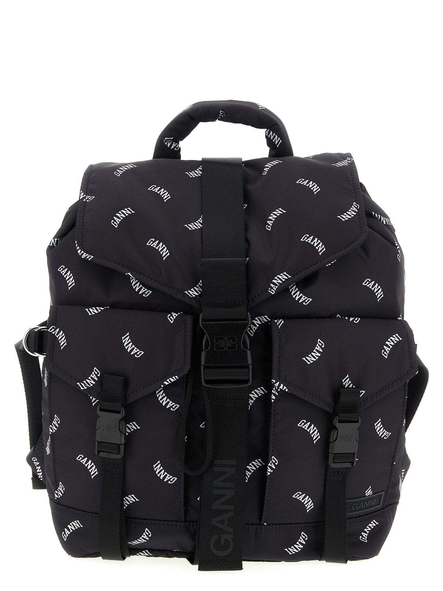 Drawstring Backpack by Ganni for women in polyester black & print presents a versatile Re Tech Polyester Drawstring Backpack design, showcasing a secure drawstring & buckle with ample external-pockets and versatile backpack-strap & adjustable-strap for a versatile finish.