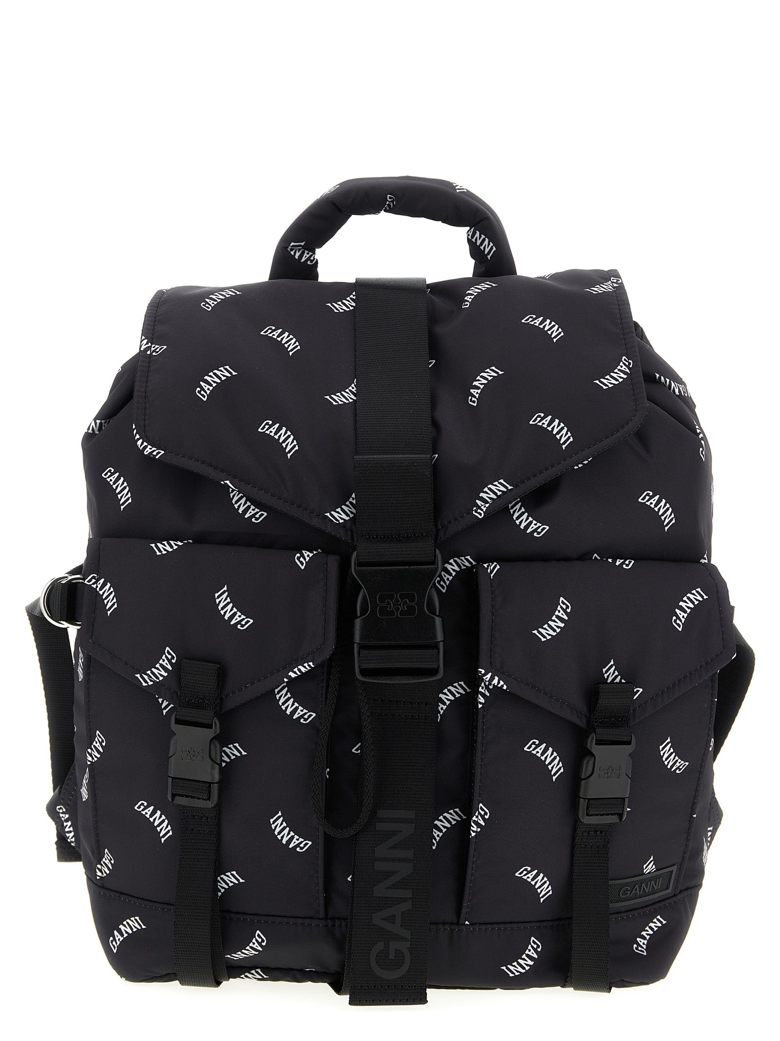 Drawstring Backpack by Ganni for women in polyester black & print presents a versatile Re Tech Polyester Drawstring Backpack design, showcasing a secure drawstring & buckle with ample external-pockets and versatile backpack-strap & adjustable-strap for a versatile finish.