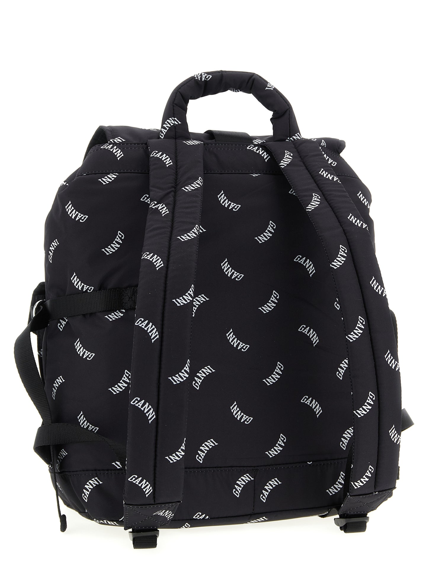Drawstring Backpack by Ganni for women in polyester black & print features a utilitarian chic Re Tech Polyester Drawstring Backpack design with a secure drawstring & buckle, ample external-pockets, and versatile backpack-strap & adjustable-strap for a utilitarian chic finish.