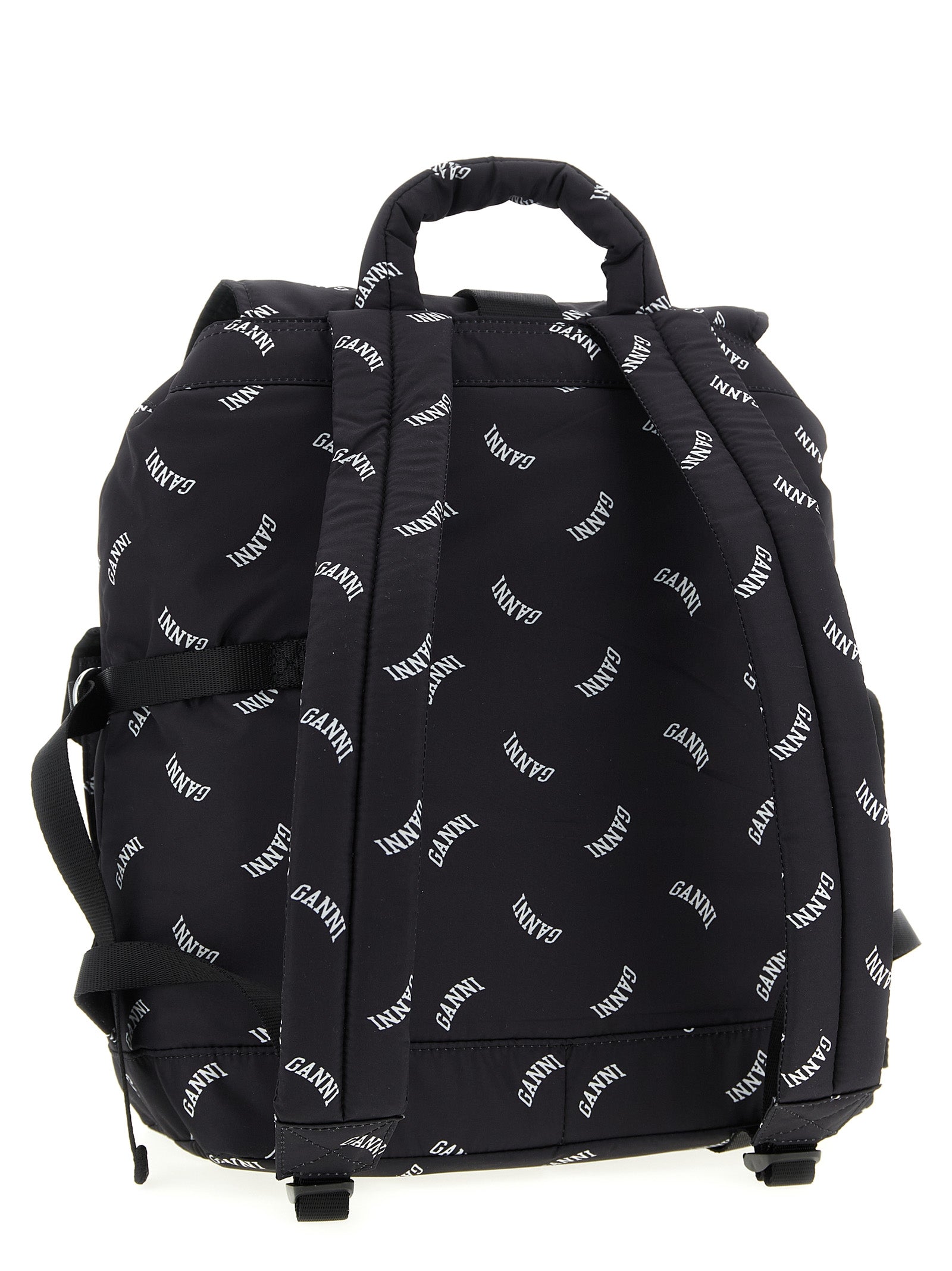 Drawstring Backpack by Ganni for women in polyester black & print features a utilitarian chic Re Tech Polyester Drawstring Backpack design with a secure drawstring & buckle, ample external-pockets, and versatile backpack-strap & adjustable-strap for a utilitarian chic finish.