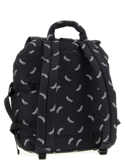 Drawstring Backpack by Ganni for women in polyester black & print features a utilitarian chic Re Tech Polyester Drawstring Backpack design with a secure drawstring & buckle, ample external-pockets, and versatile backpack-strap & adjustable-strap for a utilitarian chic finish.