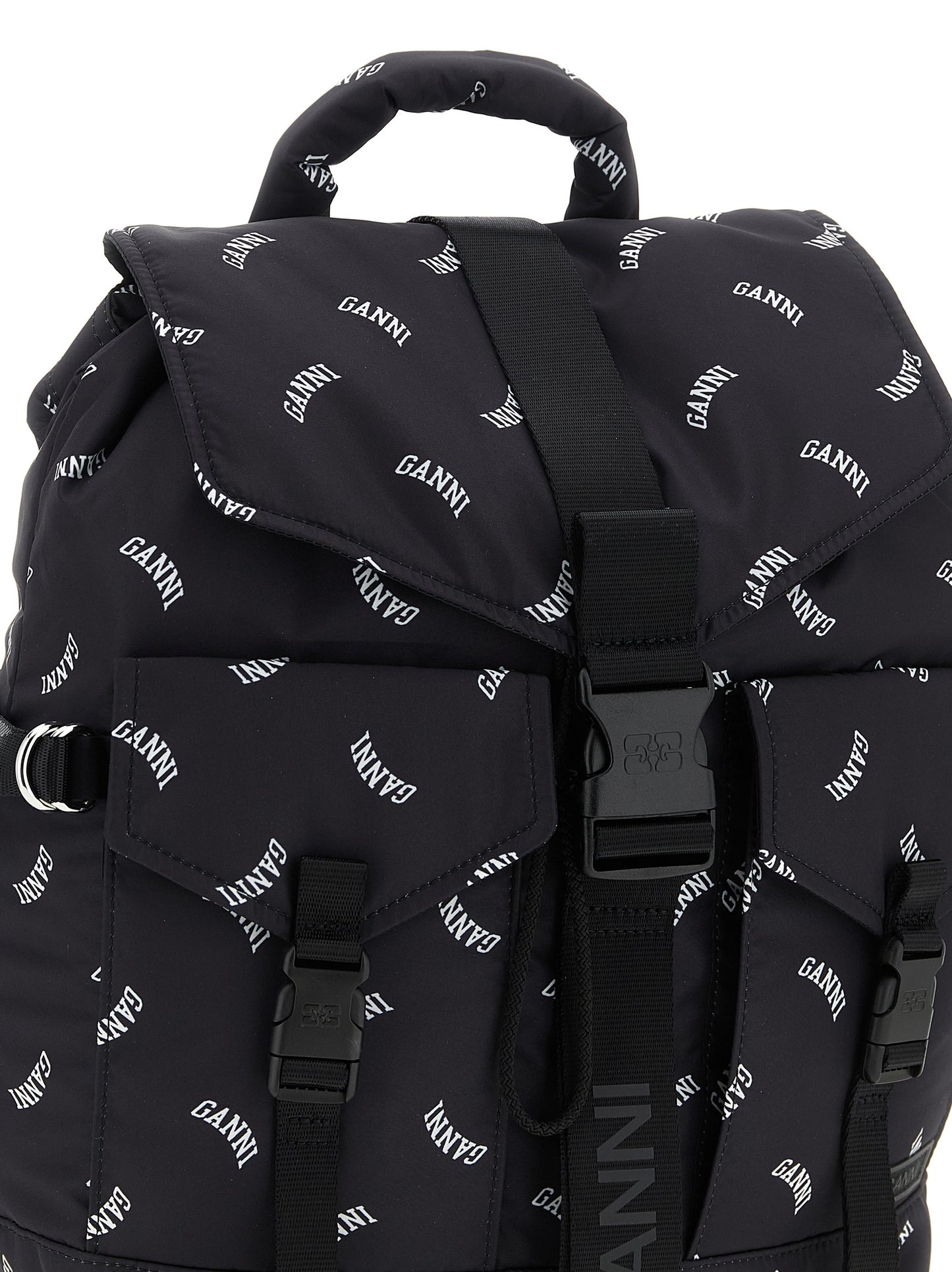 Drawstring Backpack by Ganni for women in polyester black & print showcases a urban-chic Re Tech Polyester Drawstring Backpack design, featuring a secure drawstring & buckle with urban-chic external-pockets and versatile backpack-strap & adjustable-strap.