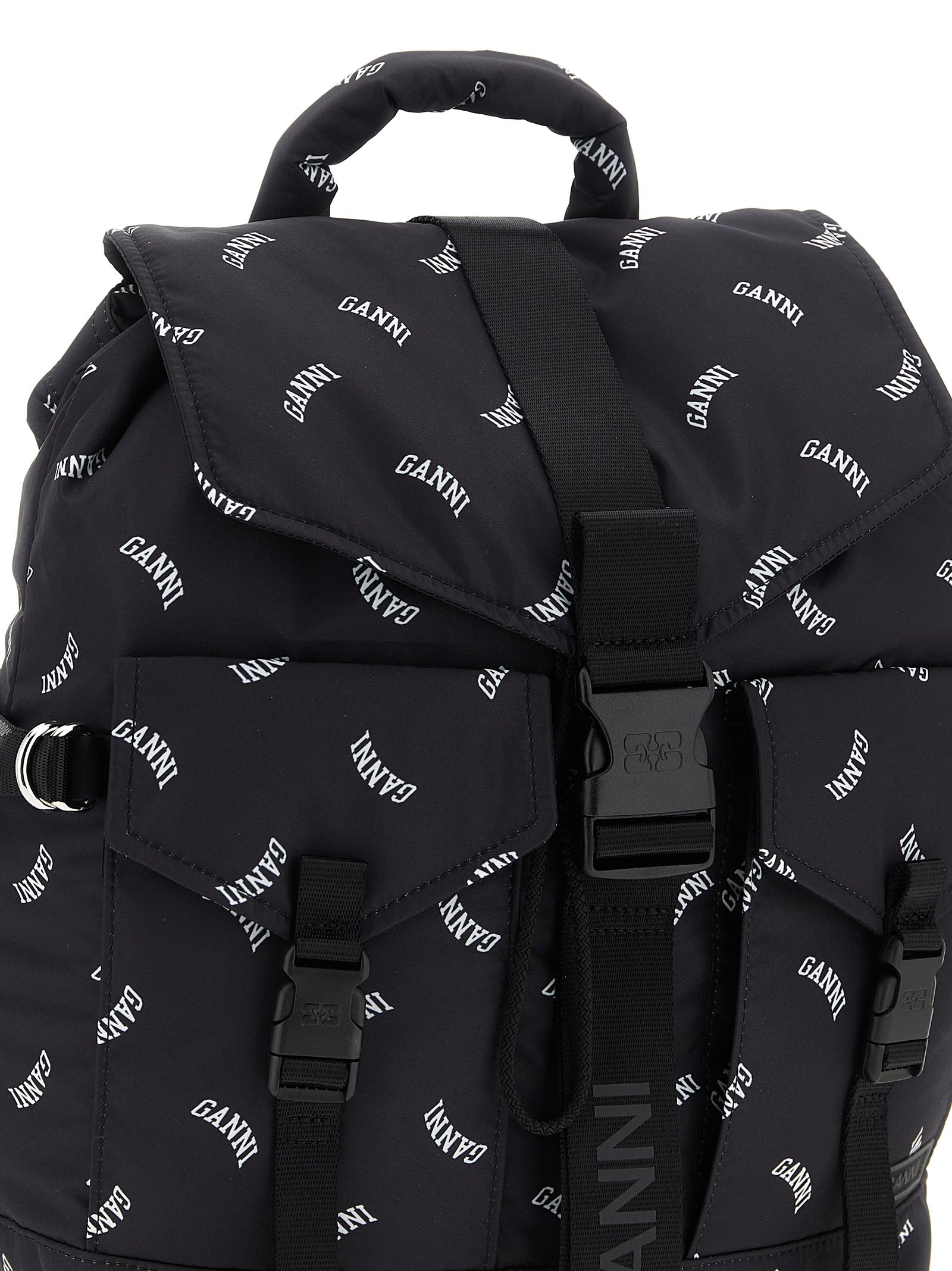 Drawstring Backpack by Ganni for women in polyester black & print showcases a urban-chic Re Tech Polyester Drawstring Backpack design, featuring a secure drawstring & buckle with urban-chic external-pockets and versatile backpack-strap & adjustable-strap.