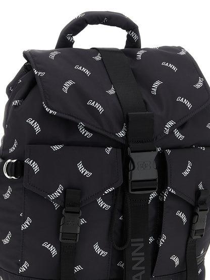 Drawstring Backpack by Ganni for women in polyester black & print showcases a urban-chic Re Tech Polyester Drawstring Backpack design, featuring a secure drawstring & buckle with urban-chic external-pockets and versatile backpack-strap & adjustable-strap.