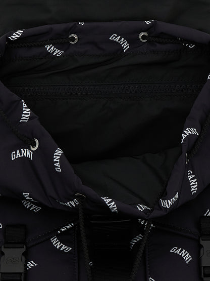 Drawstring Backpack by Ganni for women in polyester black & print features a fashionable silhouette, showcasing the Re Tech Polyester Drawstring Backpack design with a secure drawstring & buckle, ample external-pockets, and versatile backpack-strap & adjustable-strap.