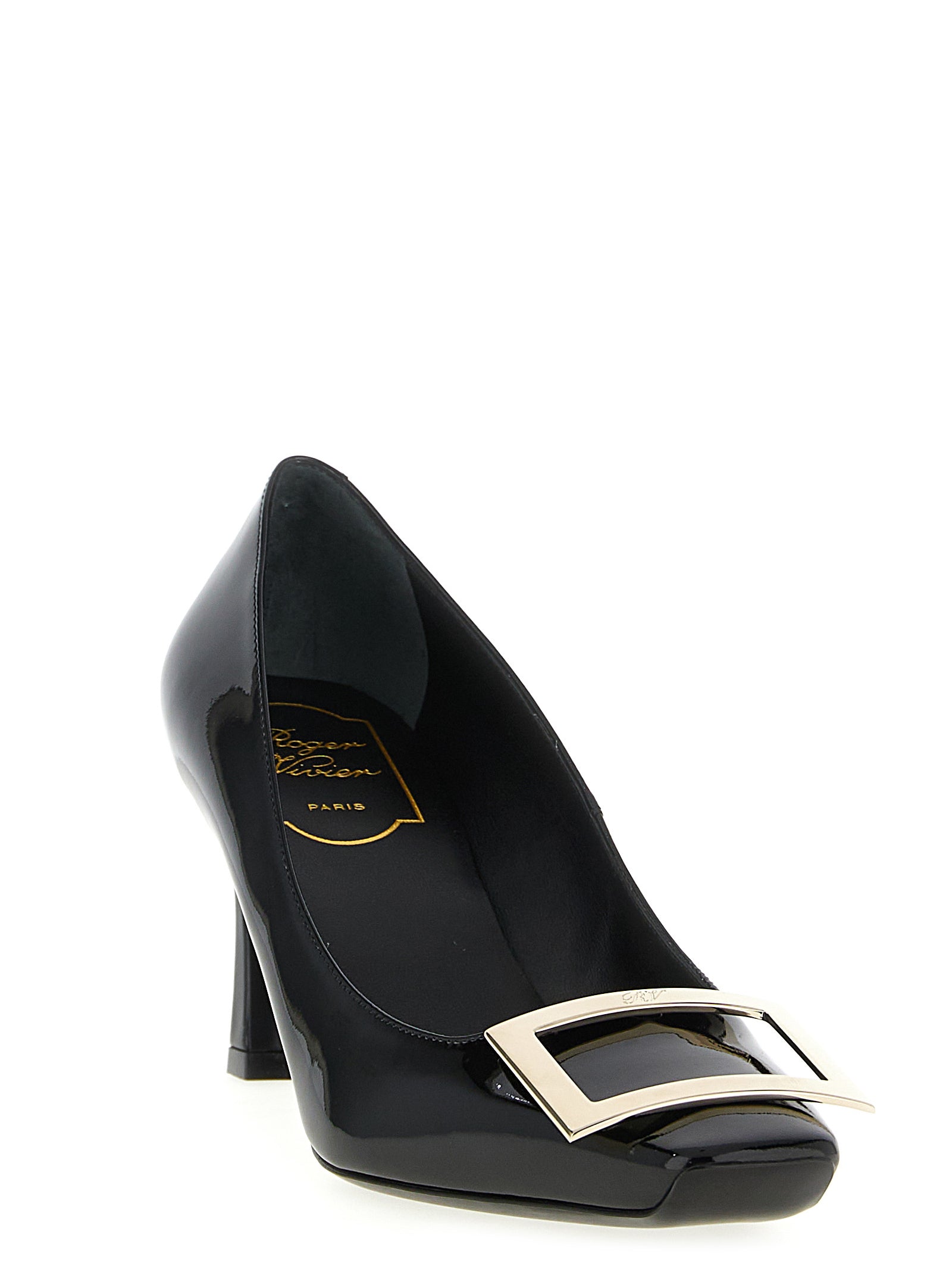 Mid-Heel Pumps Heels by Roger Vivier for women in patent calfskin leather black features an captivating silhouette, showcasing the elegant Grace Women's Patent Calfskin Leather Mid-Heel Pumps Heels design with a mid-heel and a sophisticated .