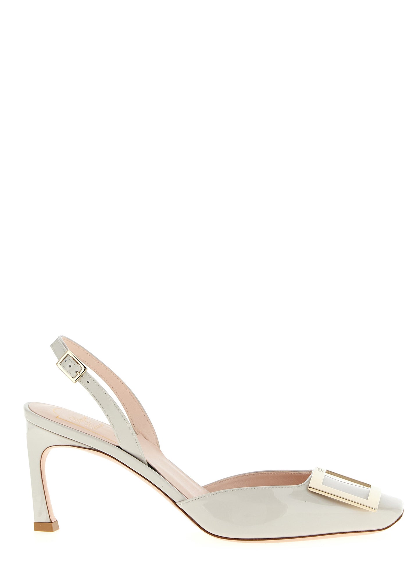Mid-Heel Slingback Pumps Heels by Roger Vivier for women in patent calfskin leather white features an captivating silhouette, showcasing the elegant Women's Patent Calfskin Leather Mid-Heel Slingback Pumps Heels design with a mid-heel and a sophisticated square toe style.