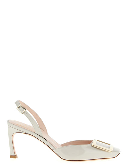 Mid-Heel Slingback Pumps Heels by Roger Vivier for women in patent calfskin leather white features an captivating silhouette, showcasing the elegant Women's Patent Calfskin Leather Mid-Heel Slingback Pumps Heels design with a mid-heel and a sophisticated square toe style.