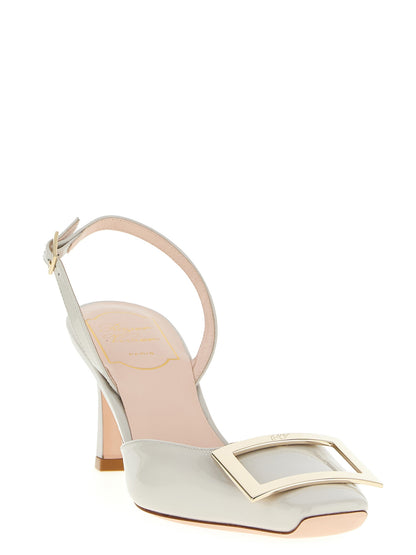 Mid-Heel Slingback Pumps Heels by Roger Vivier for women in patent calfskin leather white features an captivating silhouette, showcasing the elegant Women's Patent Calfskin Leather Mid-Heel Slingback Pumps Heels design with a mid-heel and a sophisticated square toe style.