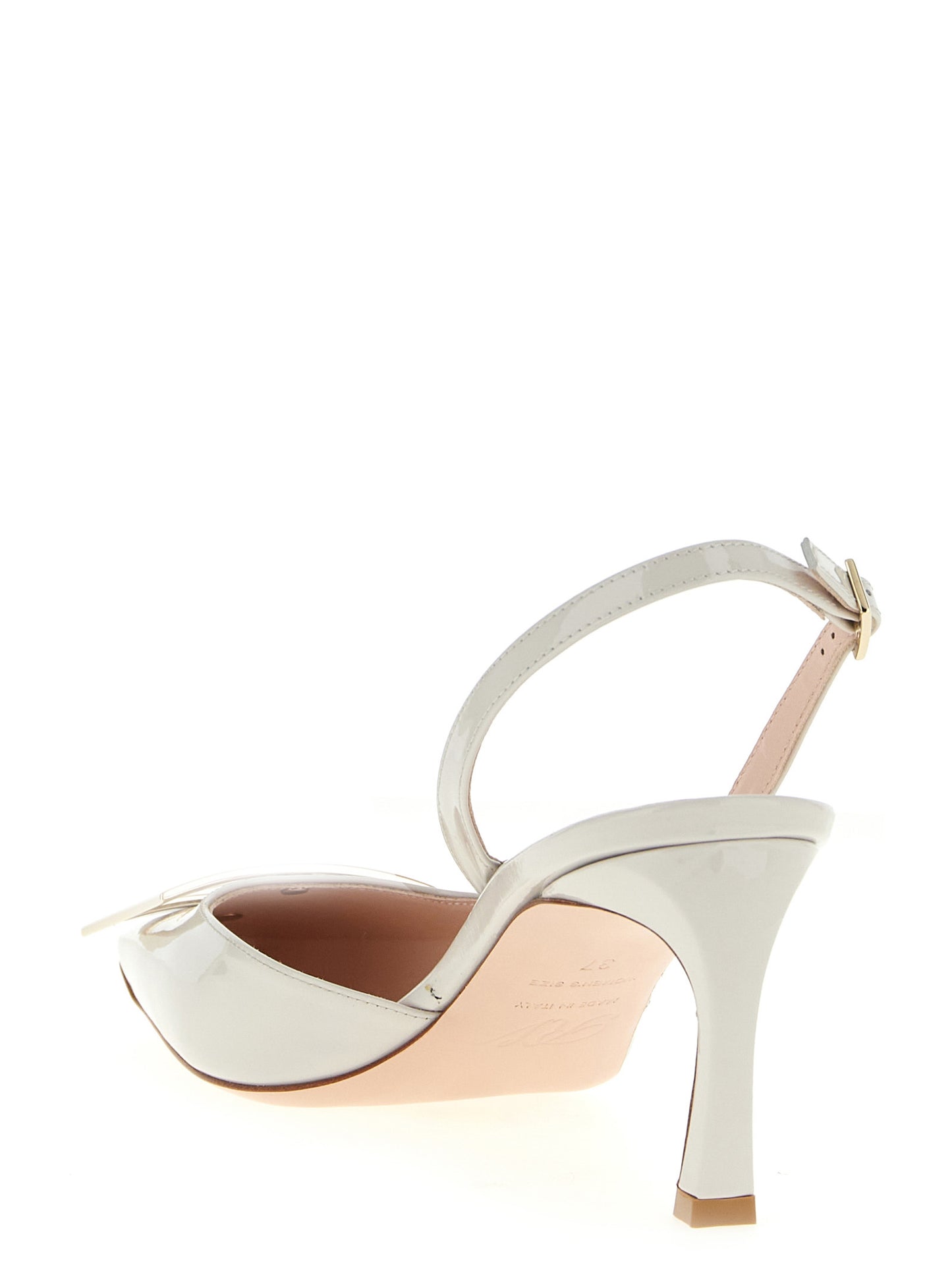 This Mid-Heel Slingback Pumps Heels by Roger Vivier for women in patent calfskin leather white presents a effortlessly chic silhouette from the Women's Patent Calfskin Leather Mid-Heel Slingback Pumps Heels collection, featuring a effortlessly chic mid-heel and effortlessly chic square toe style.