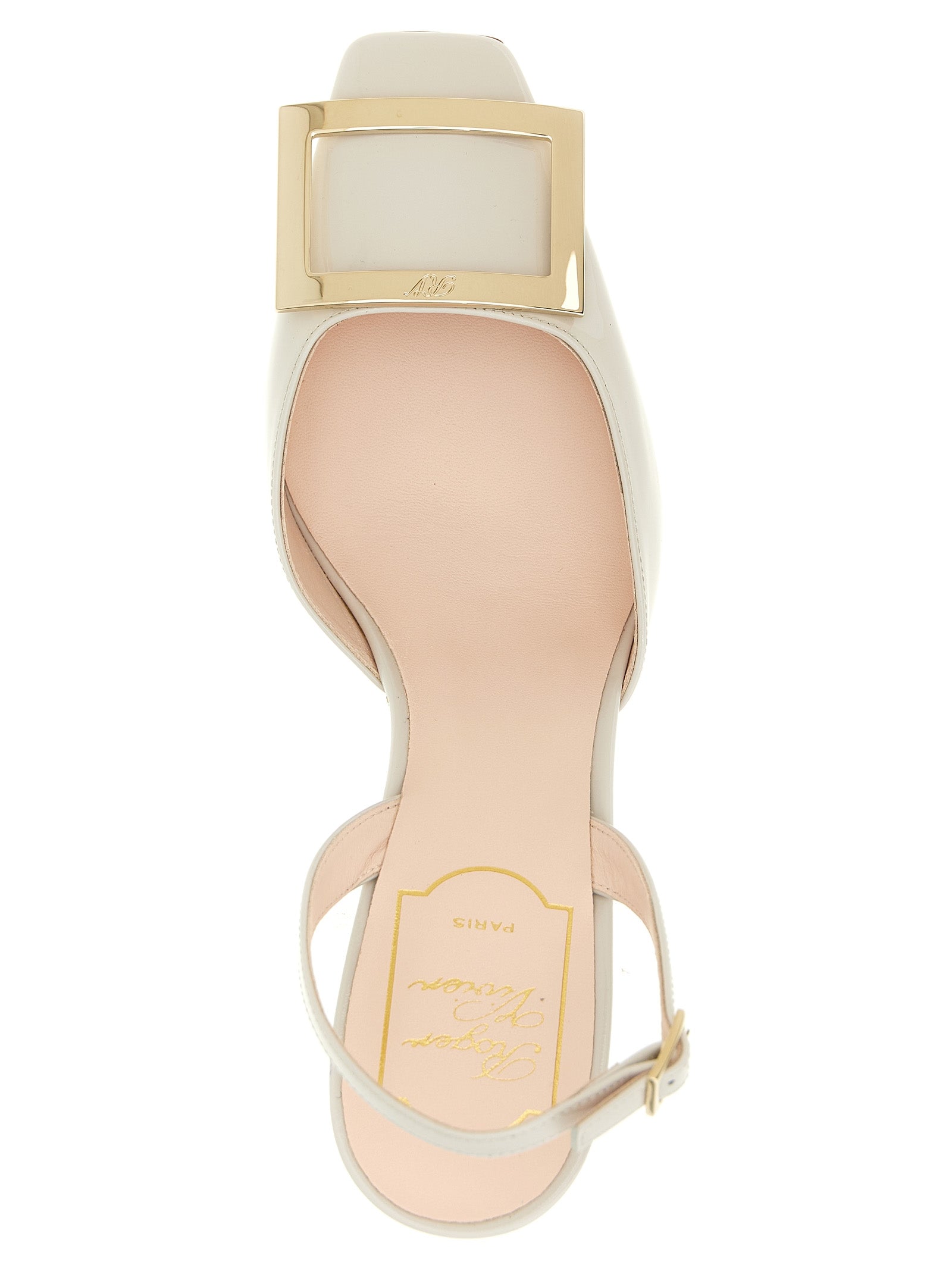Mid-Heel Slingback Pumps Heels by Roger Vivier for women in patent calfskin leather white features an effortlessly chic silhouette from the Women's Patent Calfskin Leather Mid-Heel Slingback Pumps Heels collection, showcasing a mid-heel and effortlessly chic square toe style for a effortlessly chic look.