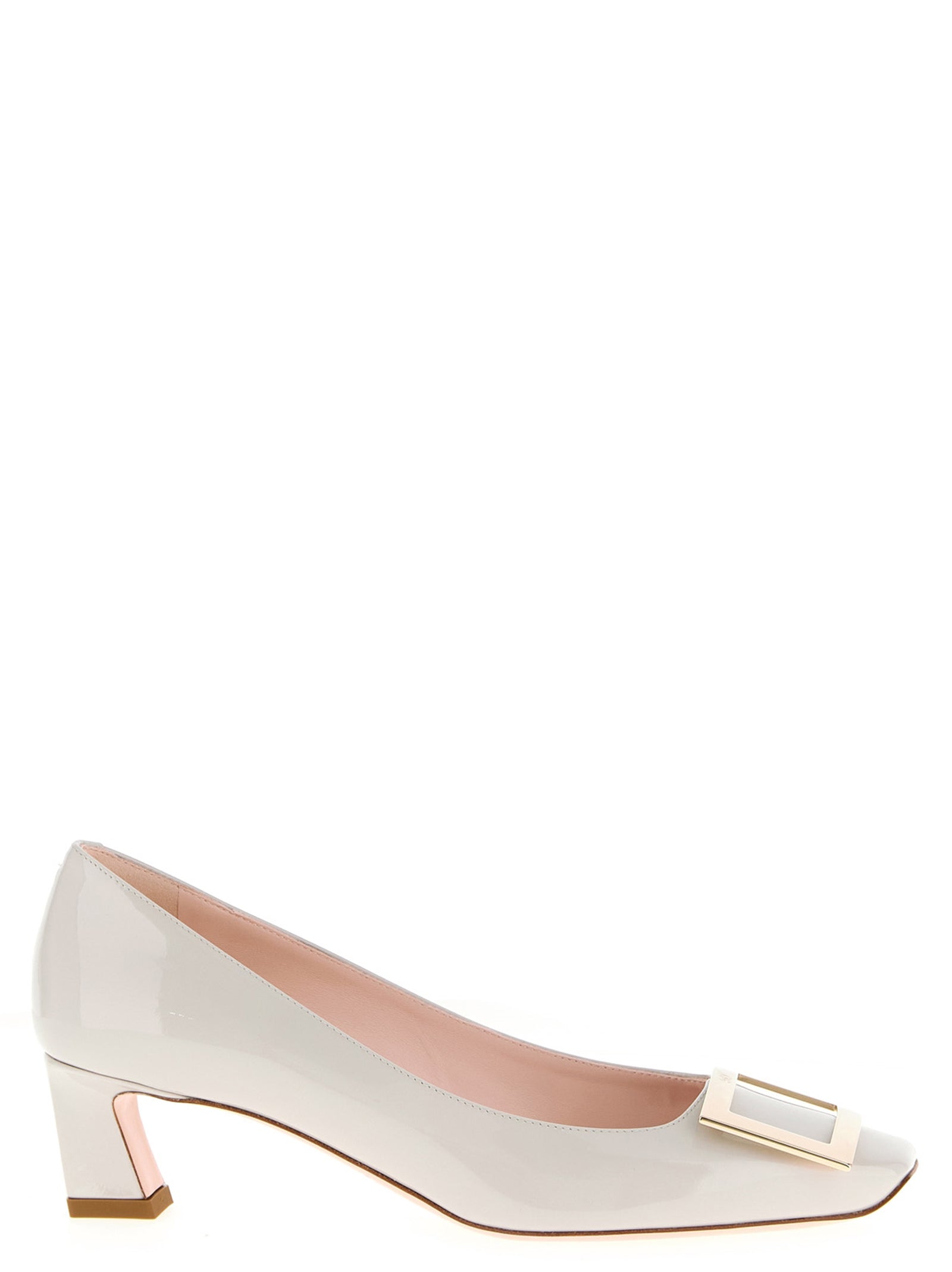 Mid-Heel Pumps Heels by Roger Vivier for women in bos taurus patent calfskin leather white features an effortlessly chic silhouette from the Women's Bos Taurus Patent Calfskin Leather Mid-Heel Pumps Heels collection, showcasing a mid-heel and effortlessly chic square toe style for a effortlessly chic look.