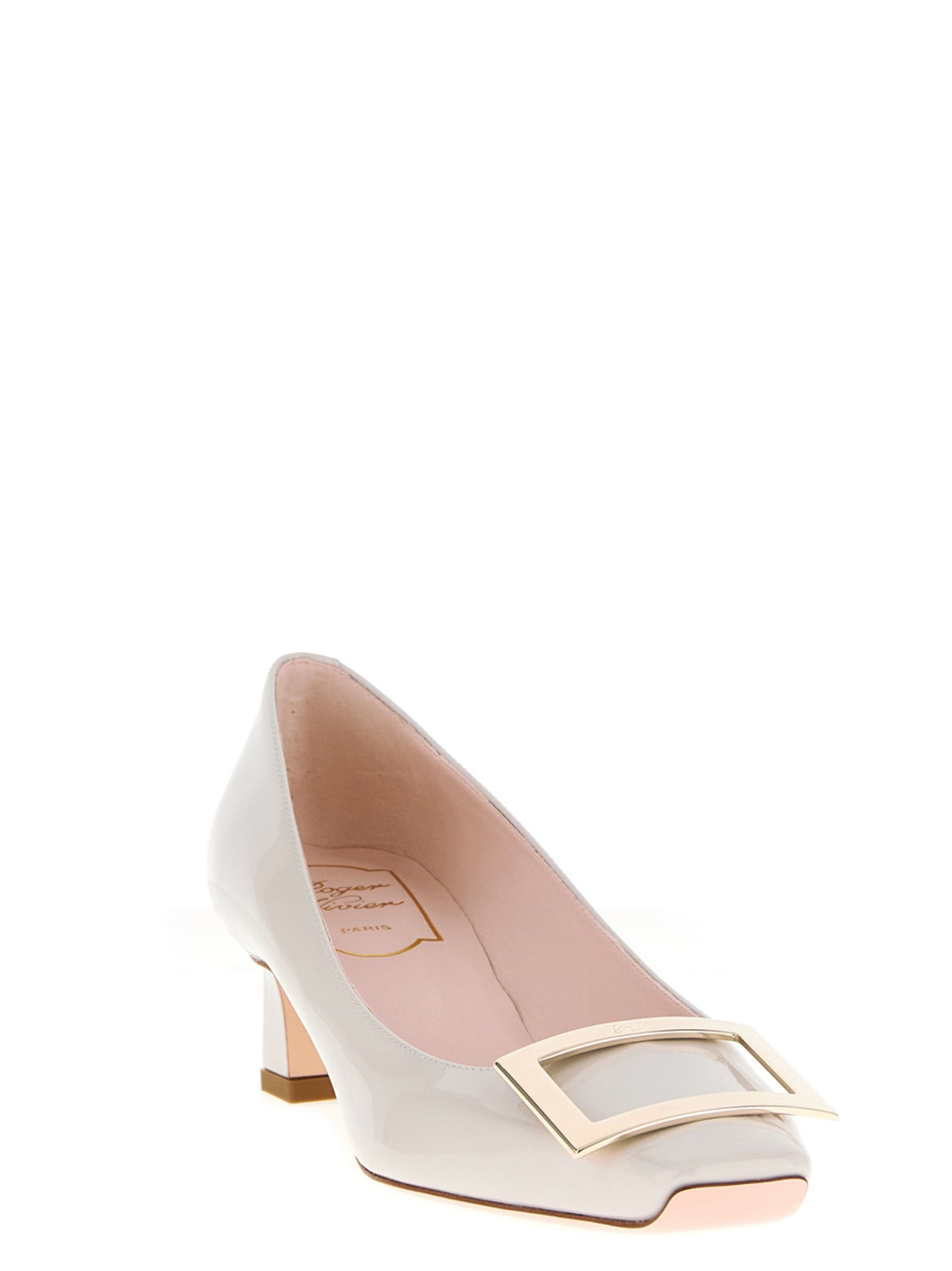 Mid-Heel Pumps Heels by Roger Vivier for women in bos taurus patent calfskin leather white features a effortless chic silhouette, showcasing the Women's Bos Taurus Patent Calfskin Leather Mid-Heel Pumps Heels design with a effortless chic mid-heel and square toe style for a effortless chic finish.