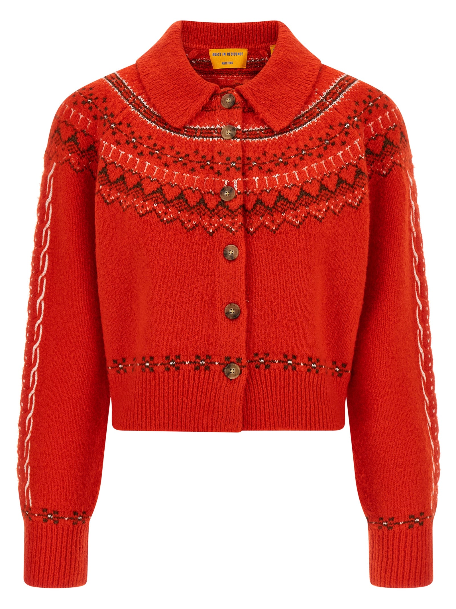 Cardigan by Guest in Residence for women in cashmere multicolor & red features a dramatic silhouette, showcasing a sophisticated and dramatic detail for a timeless, premium look.