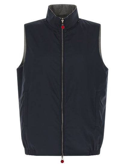 Vest by Kiton for men in stretch cotton & nylon blue features an on trend silhouette, showcasing a sophisticated high-neck neckline and premium pockets for a truly on trend finish.