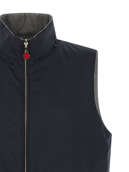 Vest by Kiton for men in stretch cotton & nylon blue showcases a utilitarian silhouette, artfully incorporating pockets and a utilitarian high-neck neckline for a truly utilitarian finish.
