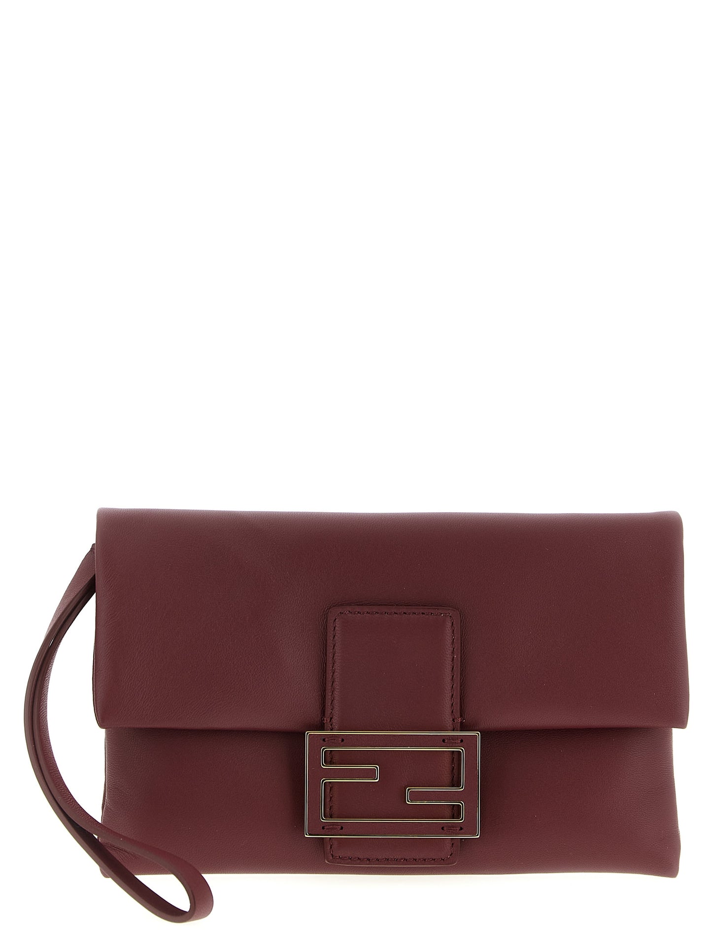 Shoulder Baguette Clutch Handbag by Fendi for women in lamb leather bordeaux & signature showcases a sculptural silhouette, featuring a secure flap & magnetic, ample , and versatile shoulder-strap & wristlet for a sculptural aesthetic.