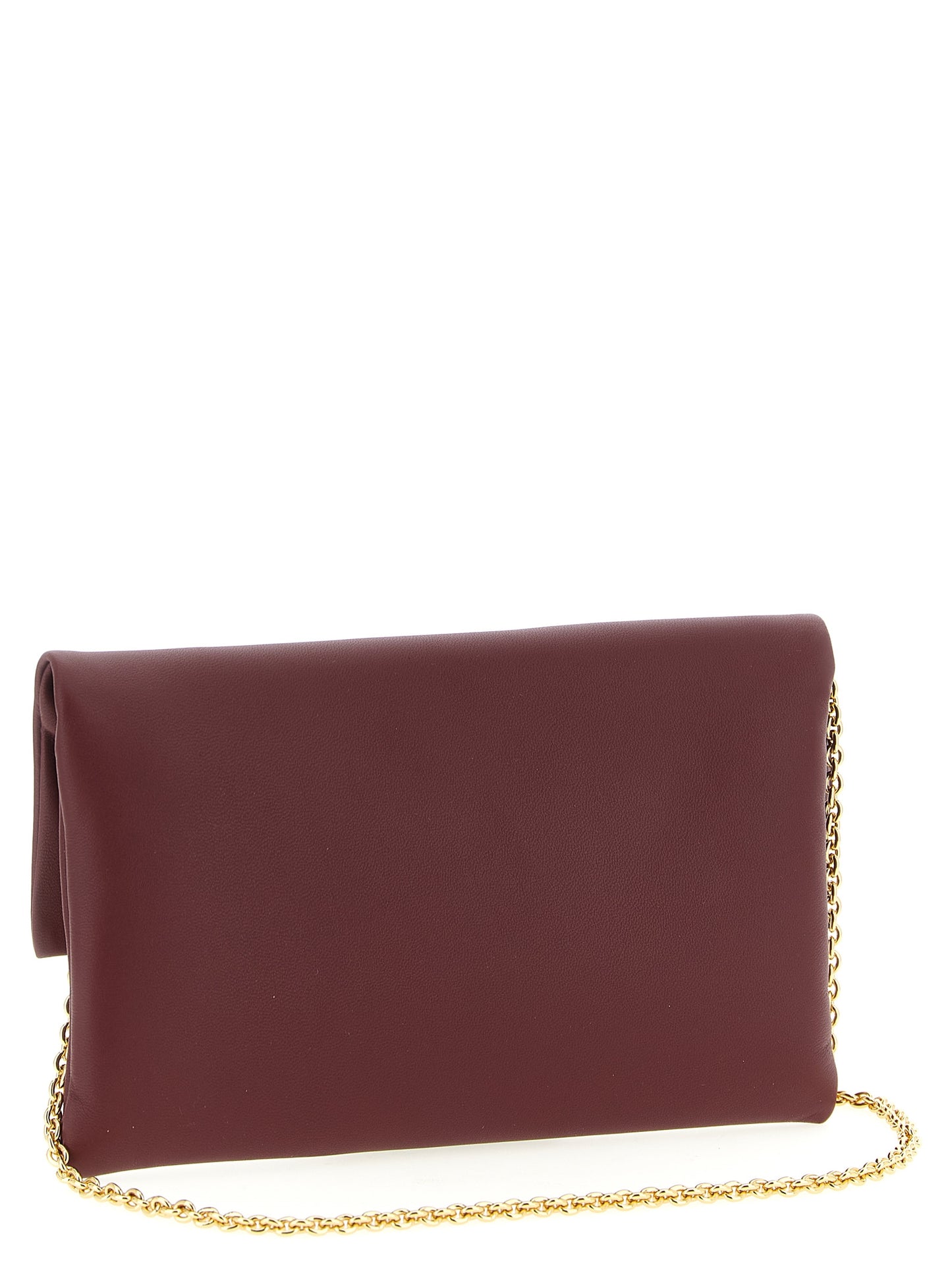 Shoulder Baguette Clutch Handbag by Fendi for women in lamb leather bordeaux & signature showcases a sculptural silhouette, featuring a secure flap & magnetic, ample , and versatile shoulder-strap & wristlet for a sculptural finish.