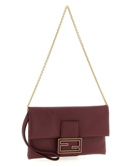 Shoulder Baguette Clutch Handbag by Fendi for women in lamb leather bordeaux & signature features a sculptural silhouette with a secure flap & magnetic, organized , and versatile shoulder-strap & wristlet for a sculptural finish.