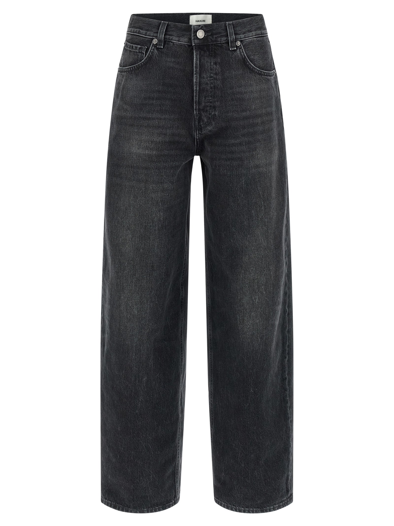 Jeans by Haikure for women in denim cotton black presents a refined pantology silhouette, artfully defined by a refined pantology straight-leg & wide, long, and a sophisticated high rise.