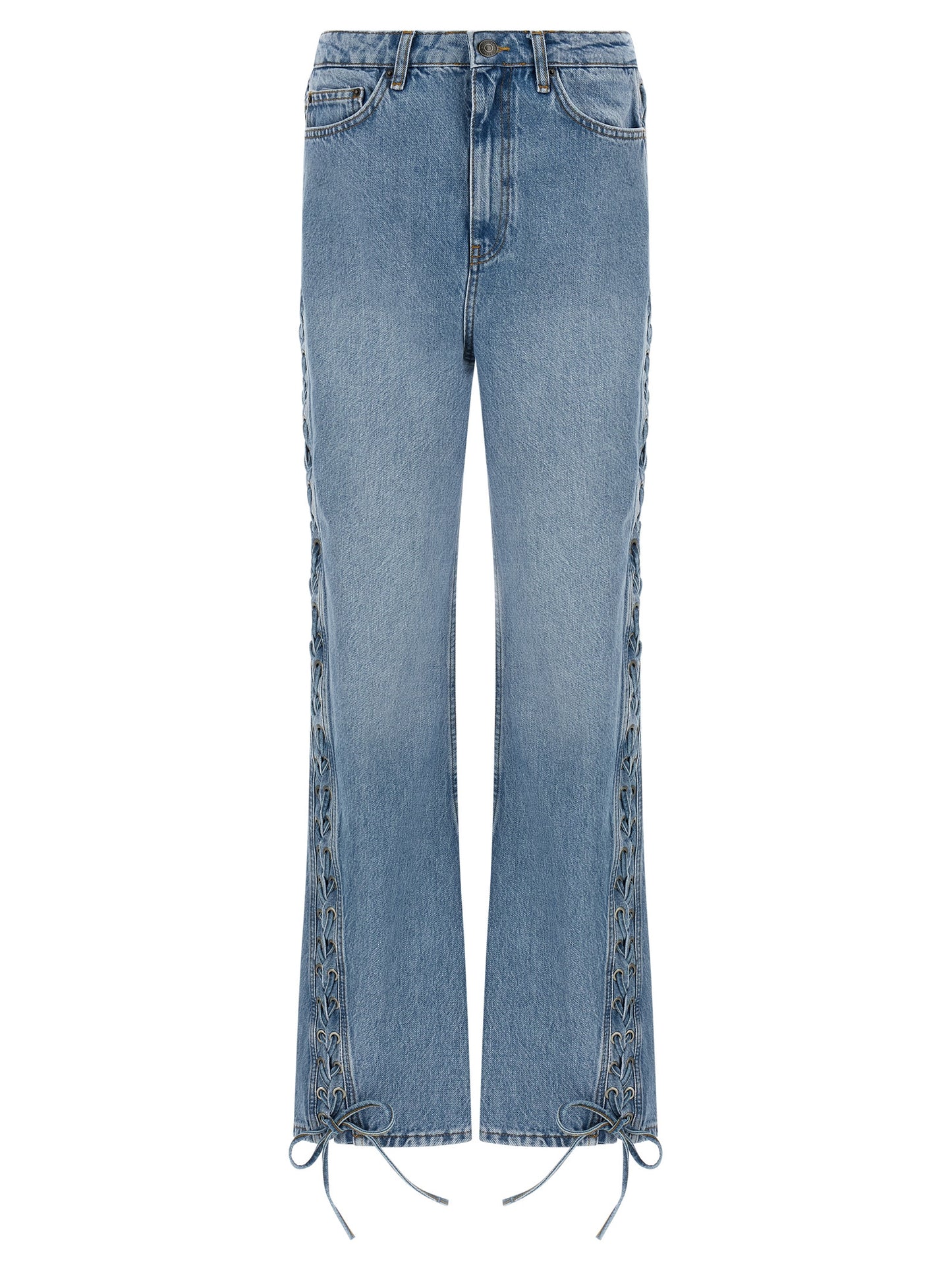 Jeans by ROTATE BIRGER CHRISTENSEN for women in organic denim cotton & leather light-blue features an sophisticated and straight-leg with a precise long, creating a sophisticated and sophisticated silhouette.