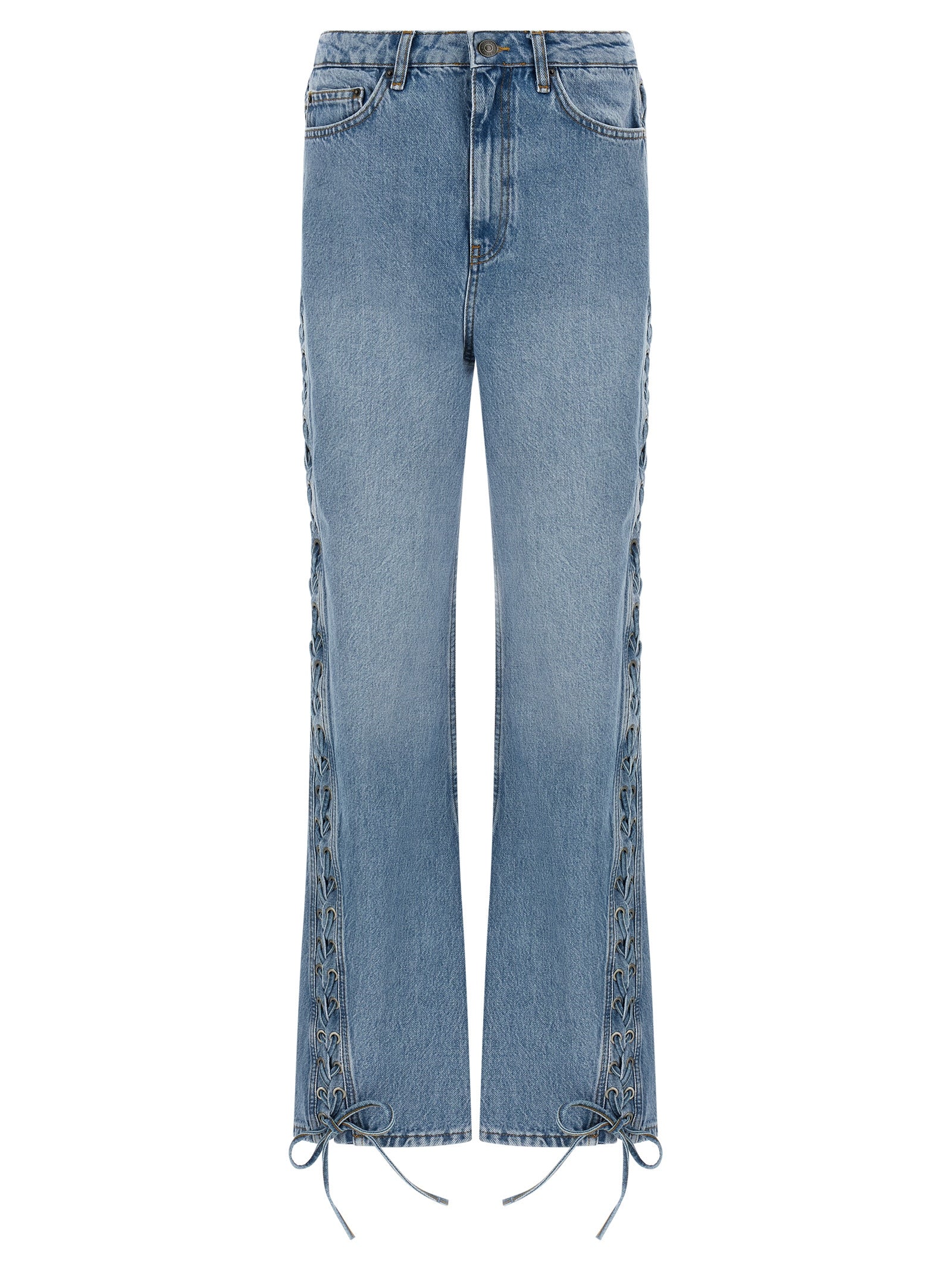 Jeans by ROTATE BIRGER CHRISTENSEN for women in organic denim cotton & leather light-blue features an sophisticated and straight-leg with a precise long, creating a sophisticated and sophisticated silhouette.