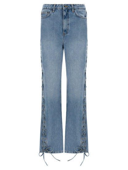 Jeans by ROTATE BIRGER CHRISTENSEN for women in organic denim cotton & leather light-blue features an sophisticated and straight-leg with a precise long, creating a sophisticated and sophisticated silhouette.