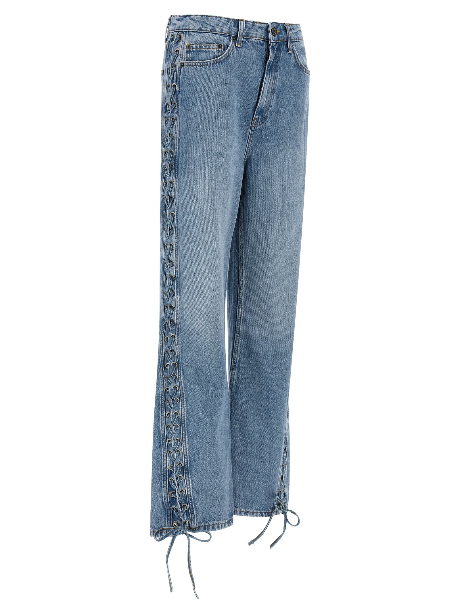 Jeans by ROTATE BIRGER CHRISTENSEN for women in organic denim cotton & leather light-blue features an sartorial straight-leg and long with a cut for a sartorial finish.