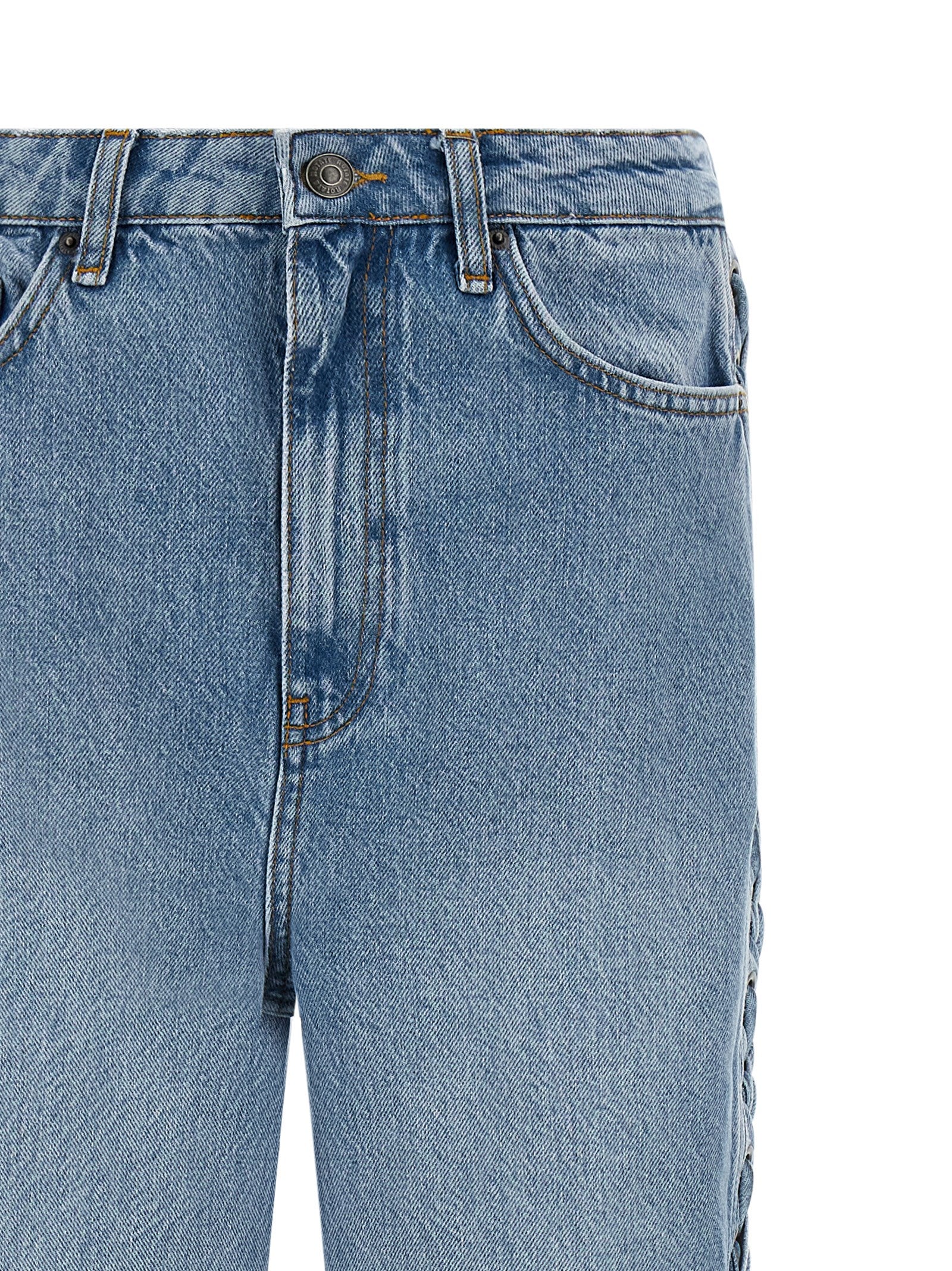 Jeans by ROTATE BIRGER CHRISTENSEN for women in organic denim cotton & leather light-blue features a polished silhouette with a polished straight-leg, reaching a polished long and finished with a polished .