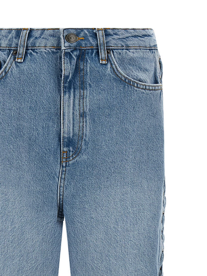 Jeans by ROTATE BIRGER CHRISTENSEN for women in organic denim cotton & leather light-blue features a polished silhouette with a polished straight-leg, reaching a polished long and finished with a polished .