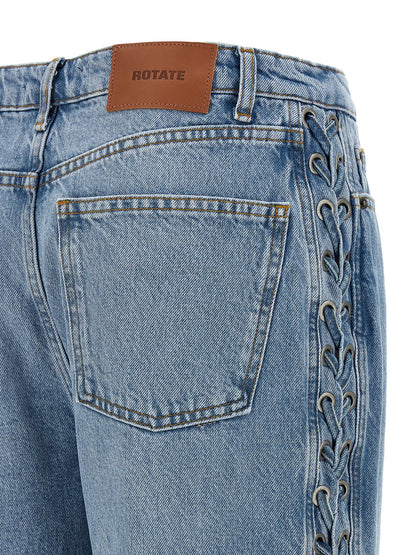 Jeans by ROTATE BIRGER CHRISTENSEN for women in organic denim cotton & leather light-blue presents a refined pantology silhouette, artfully defined by a refined pantology straight-leg, long, and a sophisticated .