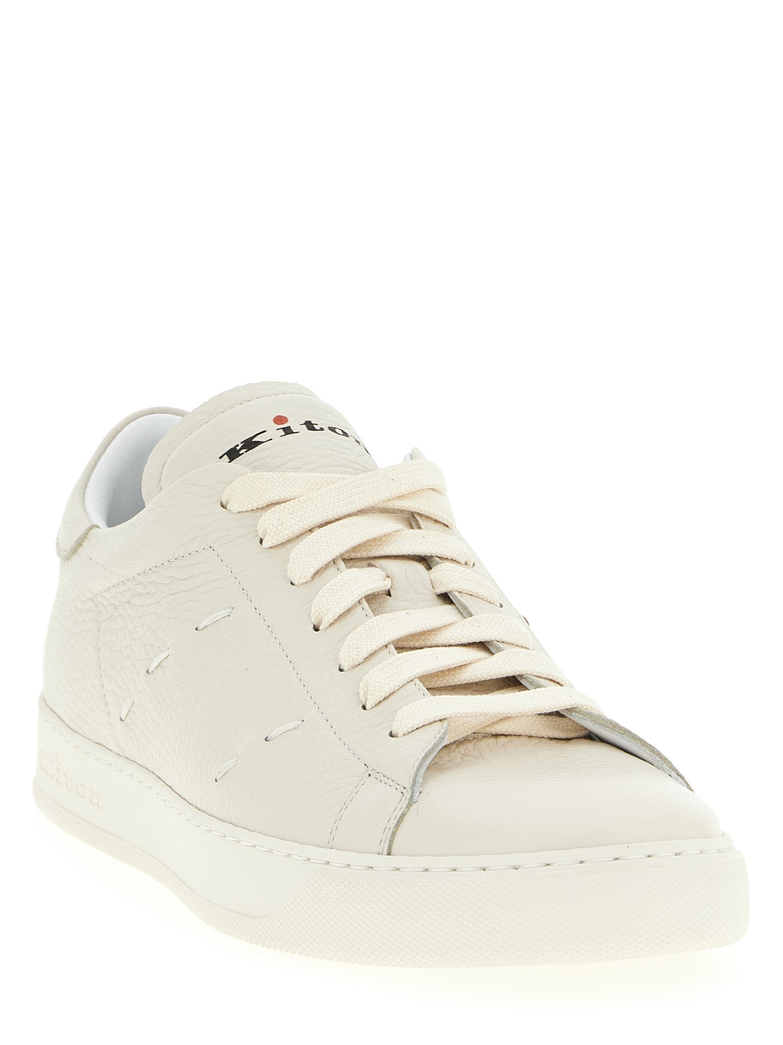 Sneakers by Kiton for men in leather & rubber white & signature presents a sumptuous silhouette, artfully capturing the essence of the Men's Low Top Leather & Rubber Sneakers with its sumptuous low-top style design.