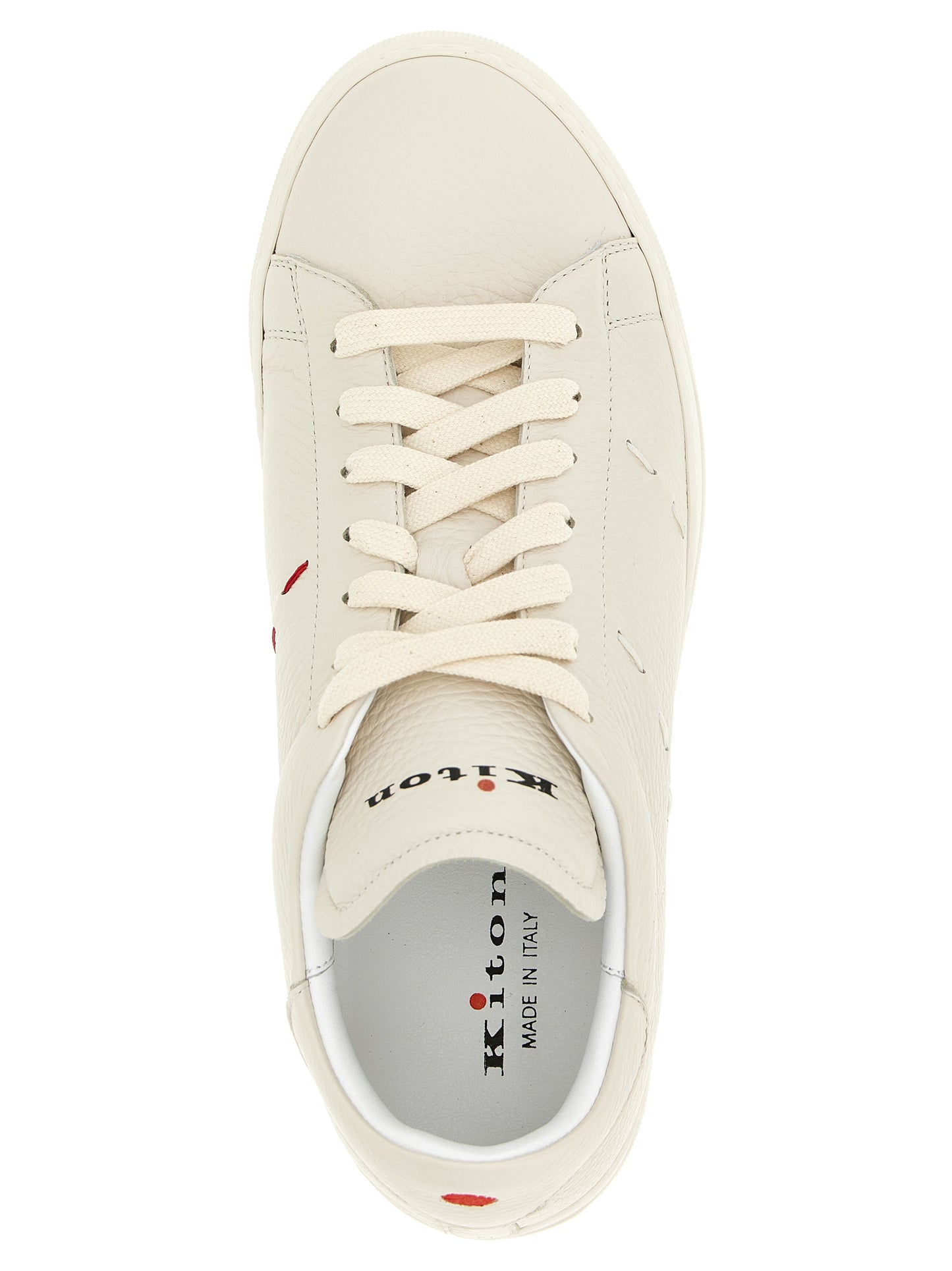 Sneakers by Kiton for men in leather & rubber white & signature presents a on trend silhouette from the Men's Low Top Leather & Rubber Sneakers collection, showcasing a on trend low-top style for an elevated aesthetic.