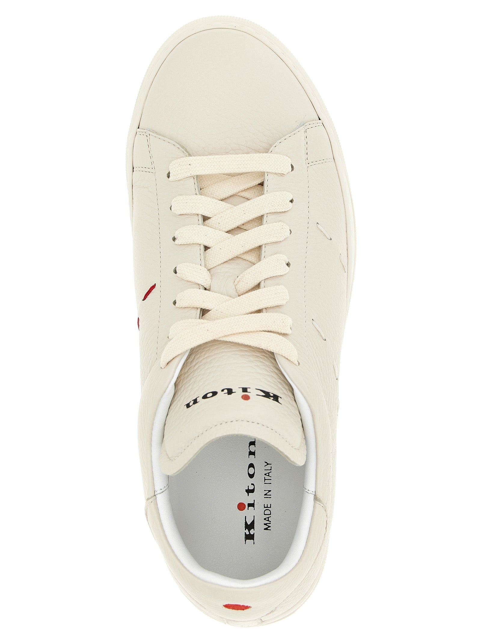 Sneakers by Kiton for men in leather & rubber white & signature presents a on trend silhouette from the Men's Low Top Leather & Rubber Sneakers collection, showcasing a on trend low-top style for an elevated aesthetic.