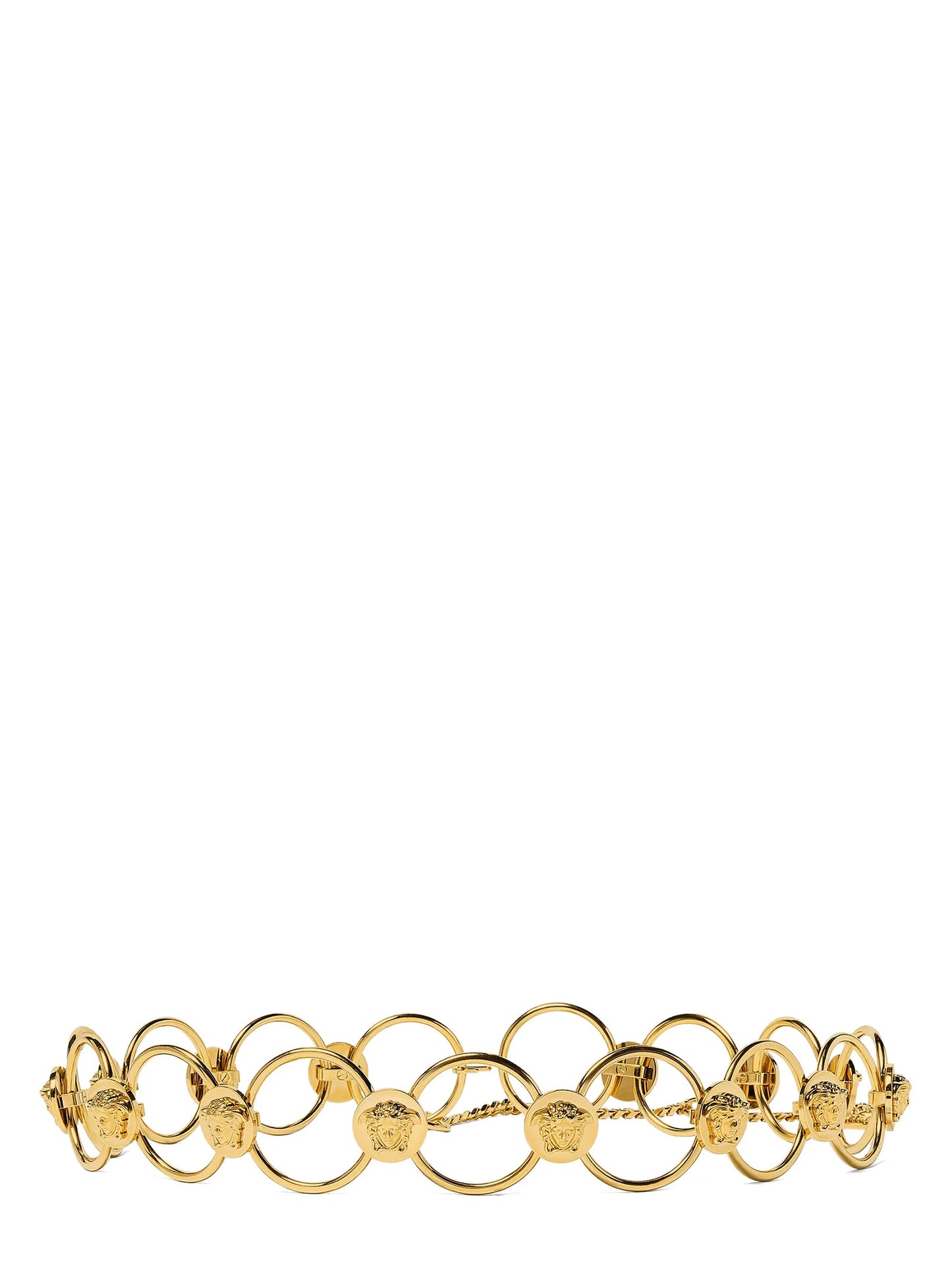 Belt by Versace for women in brass gold features a versatile silhouette, artfully showcasing the versatile design of the Medusa Brass Belt for a sophisticated, premium finish.