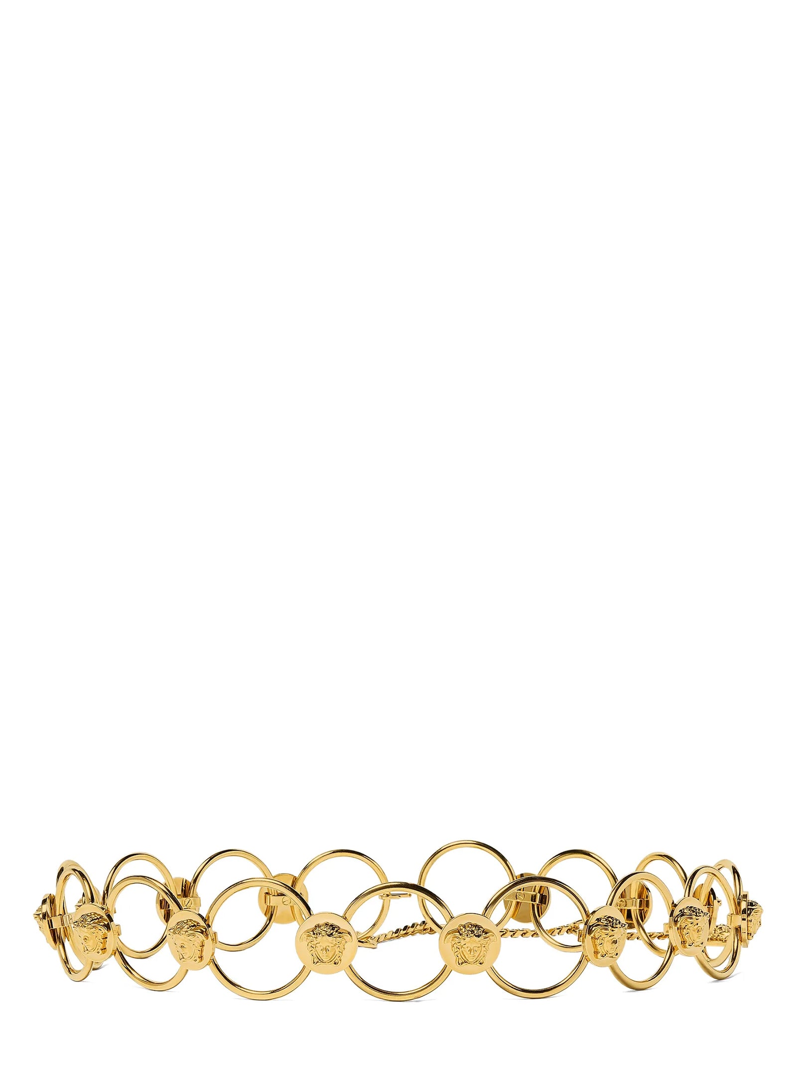 Belt by Versace for women in brass gold features a versatile silhouette, artfully showcasing the versatile design of the Medusa Brass Belt for a sophisticated, premium finish.