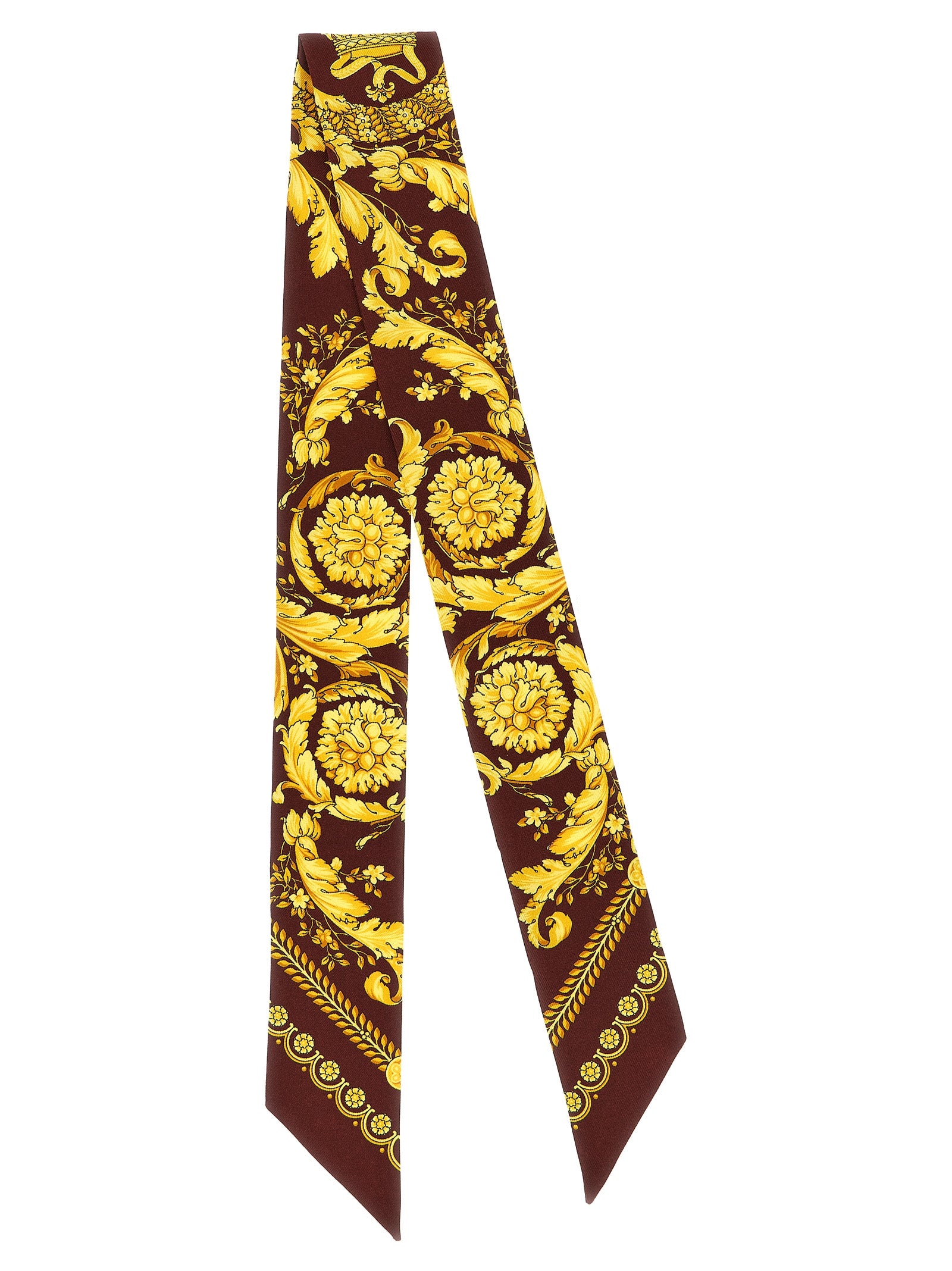 Scarf by Versace for women in silk twill multicolor, signature & print features a timeless silhouette, artfully capturing the essence of the timeless Silk Twill Scarf design for a sophisticated look.