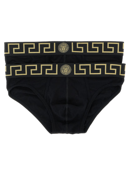 Underwear Briefs by Versace for men in stretch cotton black & patterned features an sleek silhouette that ensures a sleek fit, expertly capturing the sophisticated design of this Men's Stretch Cotton Underwear Briefs.