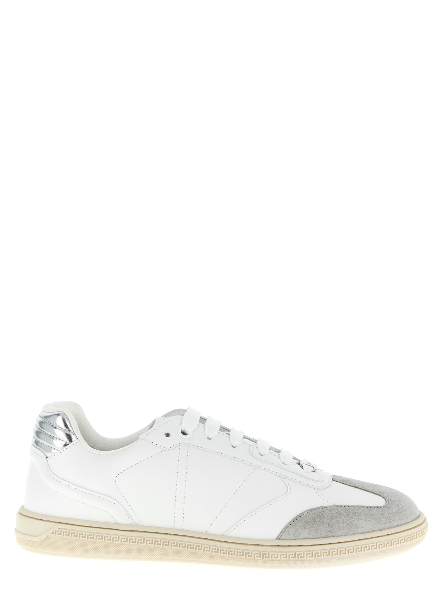 Sneakers by Versace for men in suede calfskin leather white presents a impeccable silhouette as Men's Low Top Suede Calfskin Leather Sneakers, expertly defined by a impeccable low-top style for a impeccable, high-fashion look.
