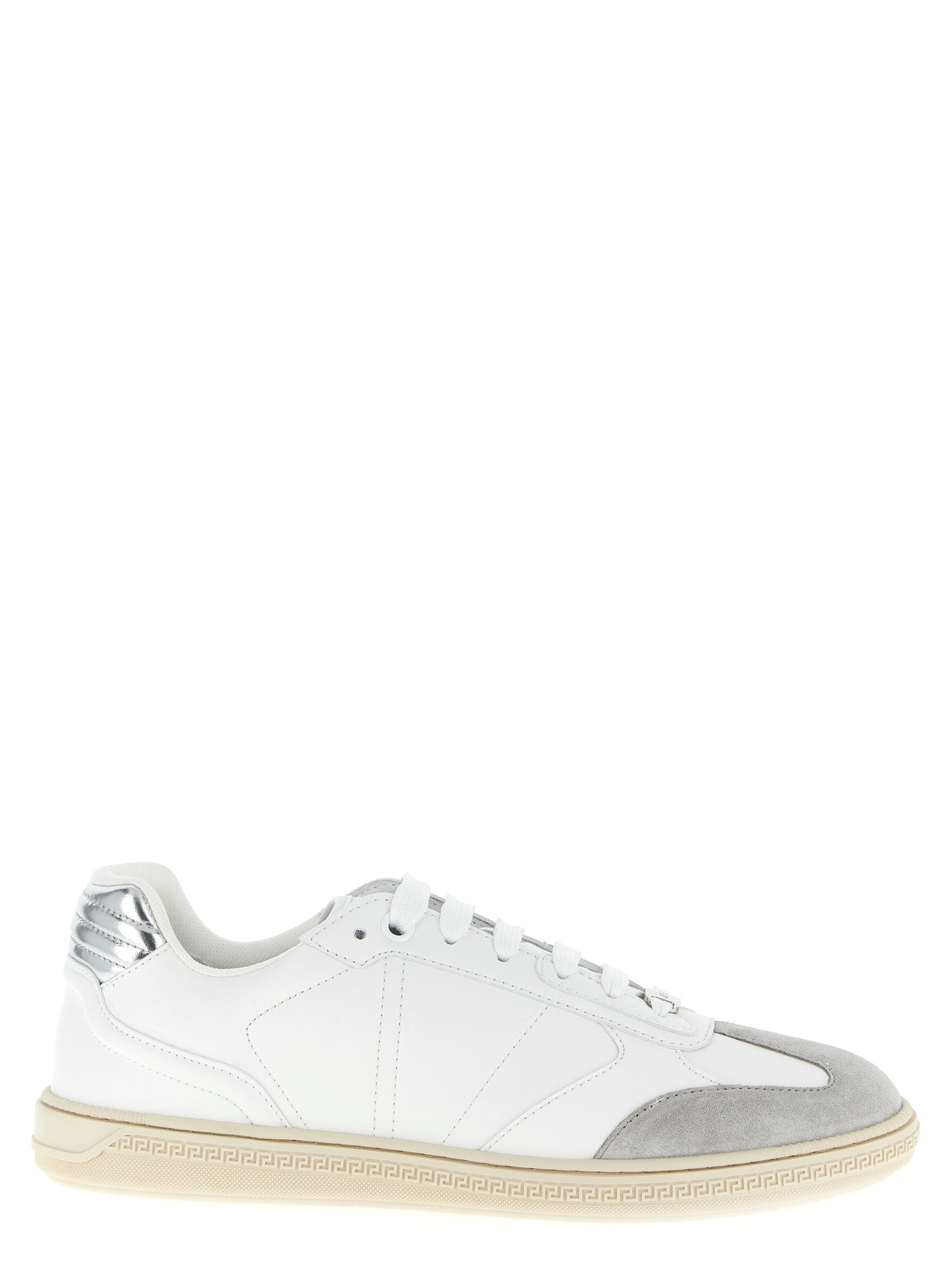 Sneakers by Versace for men in suede calfskin leather white presents a impeccable silhouette as Men's Low Top Suede Calfskin Leather Sneakers, expertly defined by a impeccable low-top style for a impeccable, high-fashion look.