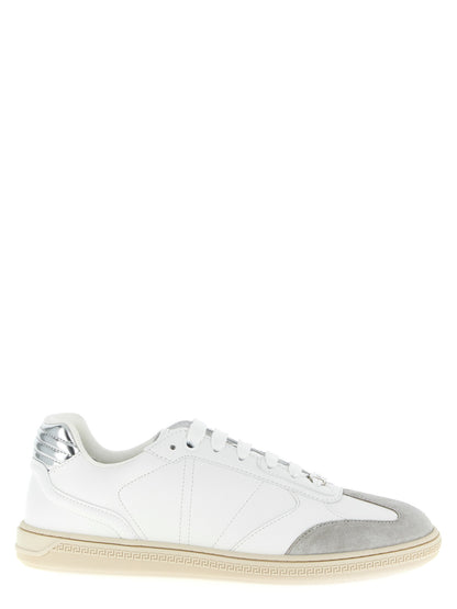 Sneakers by Versace for men in suede calfskin leather white presents a impeccable silhouette as Men's Low Top Suede Calfskin Leather Sneakers, expertly defined by a impeccable low-top style for a impeccable, high-fashion look.